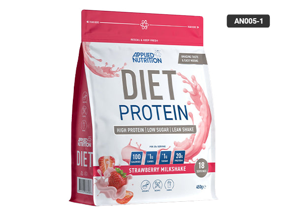 Applied Nutrition Diet Protein Strawberry Milkshake 450g – a delicious product made with whey for helping with muscle growth and managing weight.